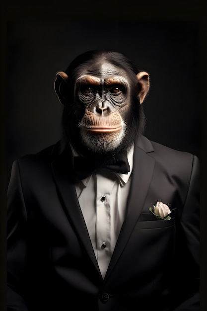 Um chimpanzé fictício Casanova em smoking criado por software AI generativo