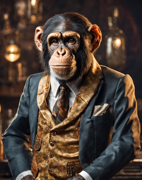 Foto um chimpanzé usa um fato num bar.