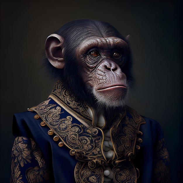 Um chimpanzé vestindo uma roupa azul com bordados de ouro.