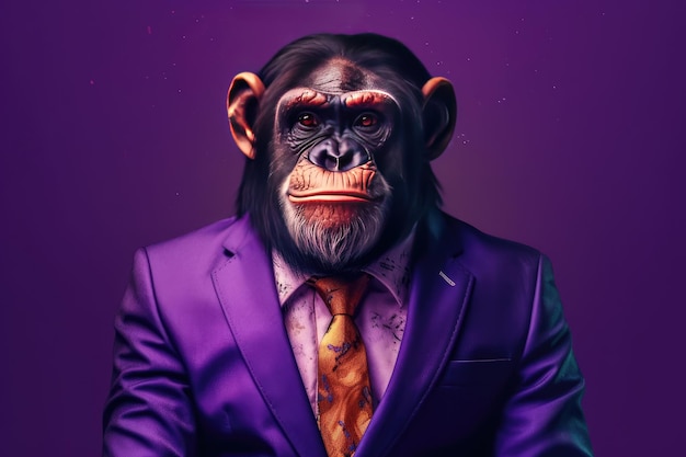 Um chimpanzé virou humano vestido com um terno e poses de gravata em um fundo roxo Generative AI