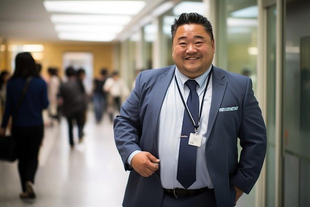 Um chinês amigável de mais de quarenta anos, de terno azul, de pé num corredor moderno de um hospital.