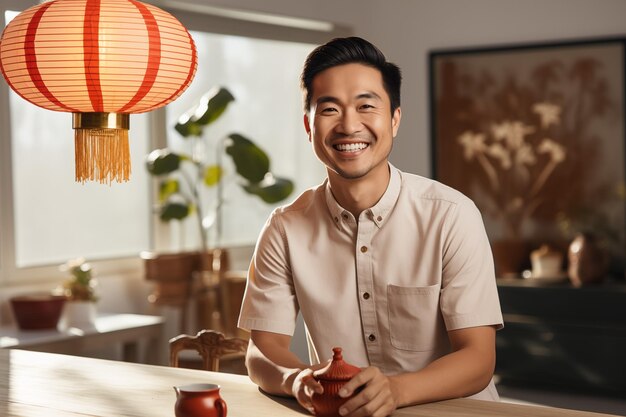 Foto um chinês feliz trabalhando em uma loja