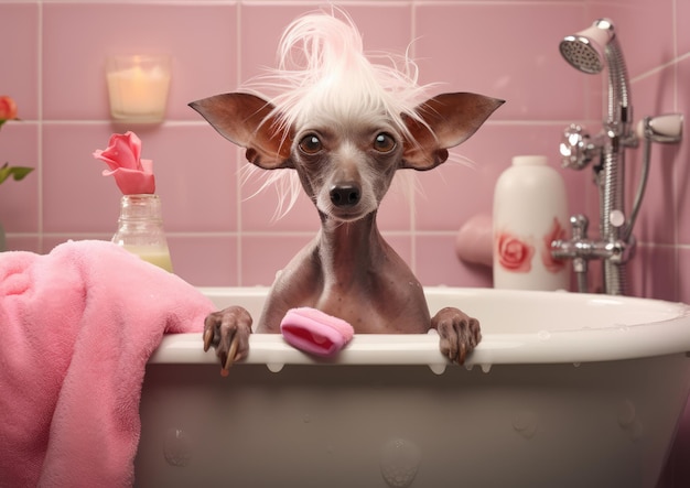 Um Chinese Crested desfrutando de um dia de spa completo com banho de espuma e mimos