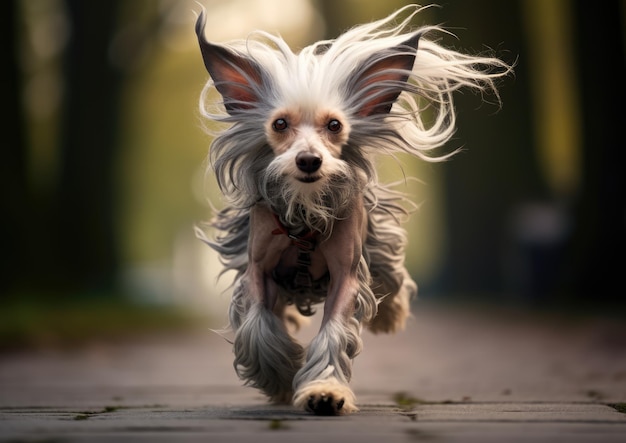 Um Chinese Crested em uma postura lúdica, pronto para perseguir seu brinquedo favorito