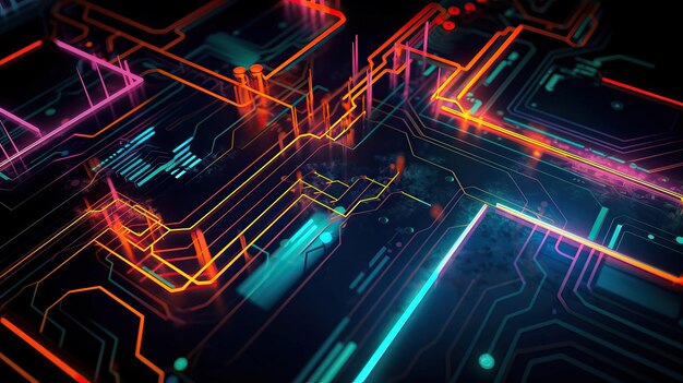 Um chip de computador com linhas de neon nele