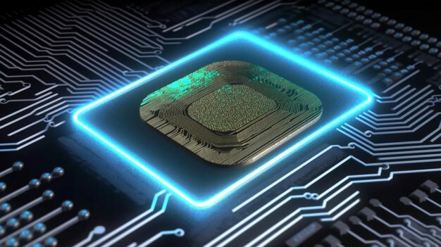 Um chip de computador com luzes azuis e uma CPU nele.