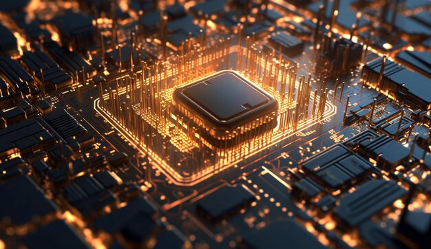 Um chip de computador com luzes douradas.