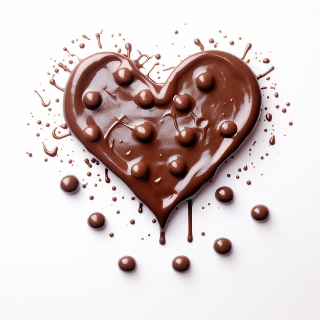 um chocolate em forma de coração com salpicaduras de chocolate