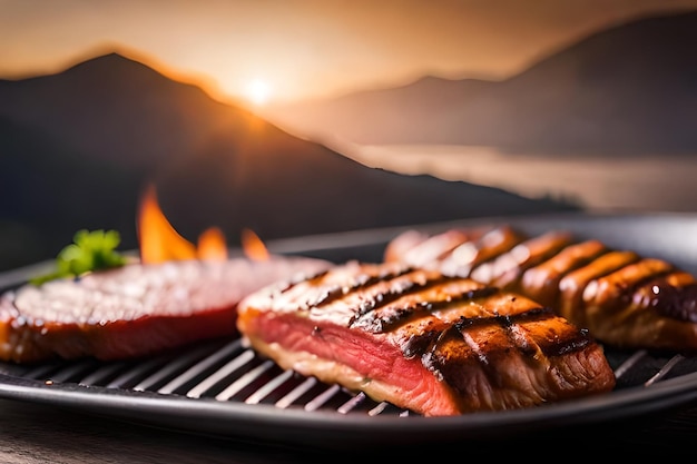 Um churrasco com carne e vegetais e um pôr-do-sol ao fundo.