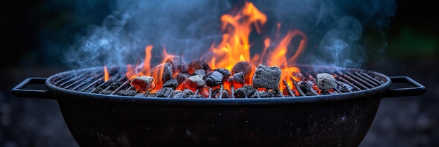 Um churrasco de carvão pronto para fritar desencadeia fumaça e brasas laranjas ardentes e espaço IA generativa