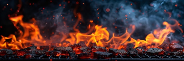 Um churrasco de carvão pronto para fritar desencadeia fumaça e brasas laranjas ardentes e espaço IA generativa