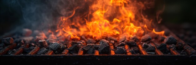 Um churrasco de carvão pronto para fritar desencadeia fumaça e brasas laranjas ardentes e espaço IA generativa