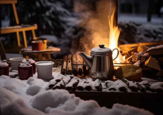 Um churrasco de inverno com chocolate quente e fogos quentes