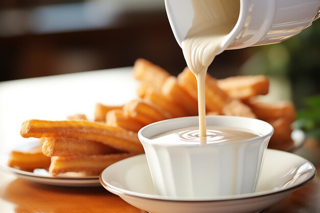 Foto um churro sendo mergulhado em uma chávena de manteiga de amendoim cremosa