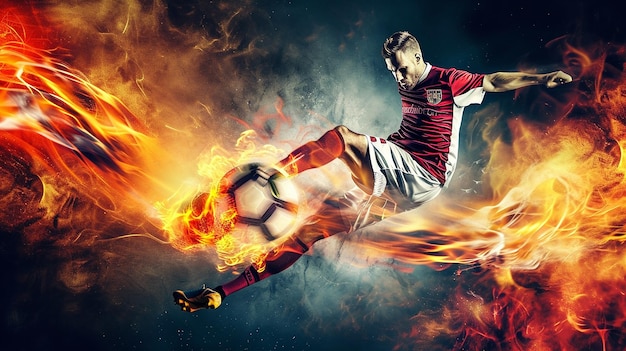 Um chute poderoso de um jogador de futebol com uma bola de fogo