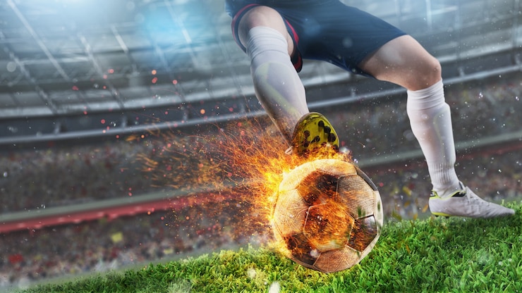 Foto um chute poderoso de um jogador de futebol com uma bola de fogo