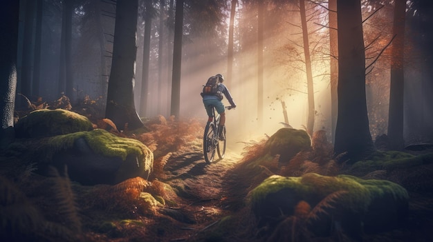 Um ciclista anda por uma floresta com o sol brilhando nas árvores.