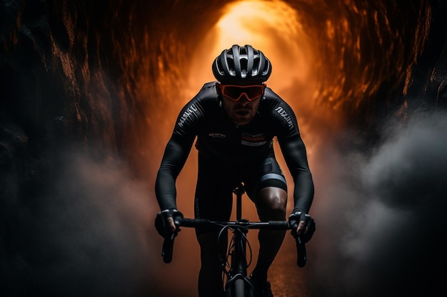 um ciclista andando de bicicleta na fumaça das colinas em fundo desfocado