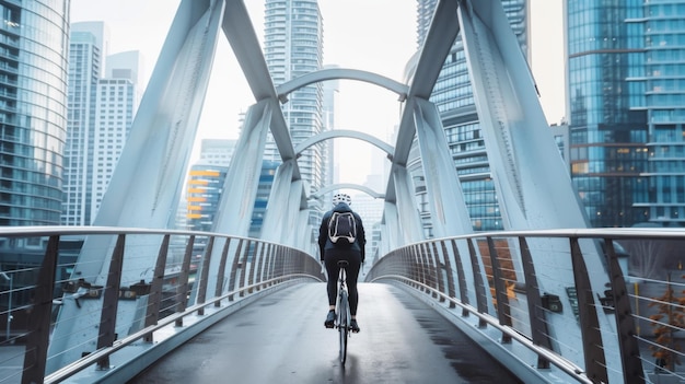 Foto um ciclista atravessando uma ponte pedonal moderna com arranha-céus no fundo