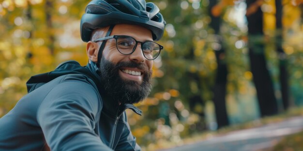 Foto um ciclista barbudo com capacete e óculos sorri retrato de um motociclista no parque ia geradora