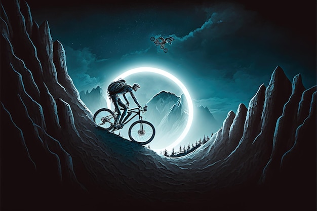Um ciclista cruzando um penhasco contra o céu com eclipse solar ilustração de estilo de arte digital pintura conceito de fantasia de um ciclista cruzando um penhasco