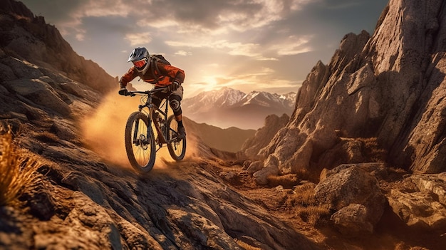 Um ciclista de montanha anda de bicicleta nas montanhas generative ai