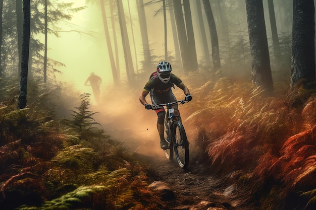 Um ciclista de montanha atravessa uma floresta com um homem de capacete em sua bicicleta