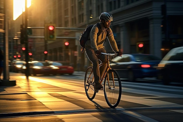 Um ciclista desce uma rua à noite.