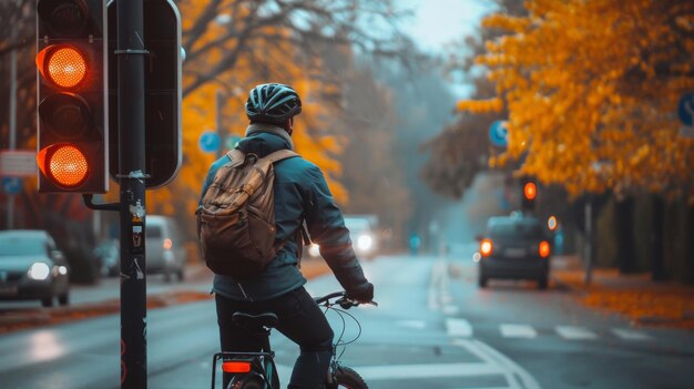 Um ciclista esperando em uma interseção de semáforo promovendo a segurança rodoviária e a conscientização de todos os passageiros