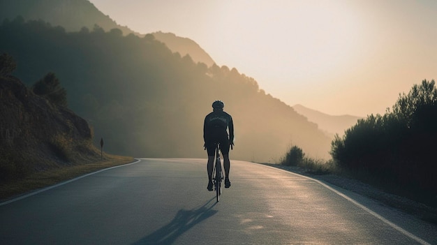 Um ciclista monta em direção ao amanhecer