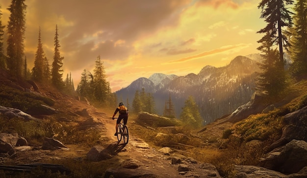 Foto um ciclista monta em uma paisagem montanhosa.