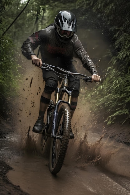 Um ciclista monta em uma trilha lamacenta com lama em seu capacete