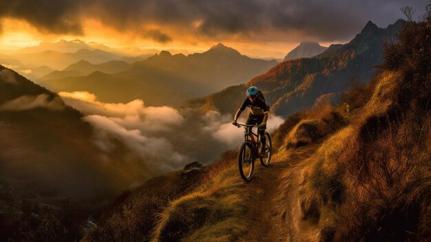 Um ciclista monta uma bicicleta de montanha na montanha