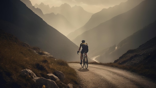 Um ciclista monta uma estrada de montanha nos Alpes franceses.