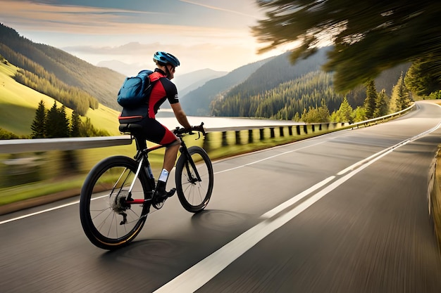 Um ciclista percorre uma estrada com montanhas ao fundo.