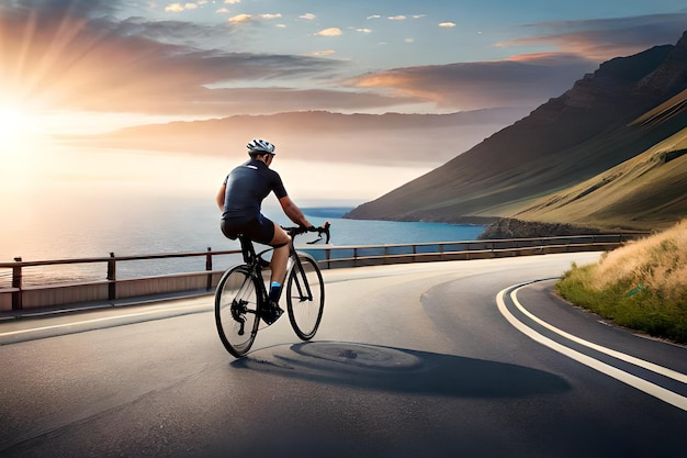 Um ciclista percorre uma estrada com um pôr do sol ao fundo.