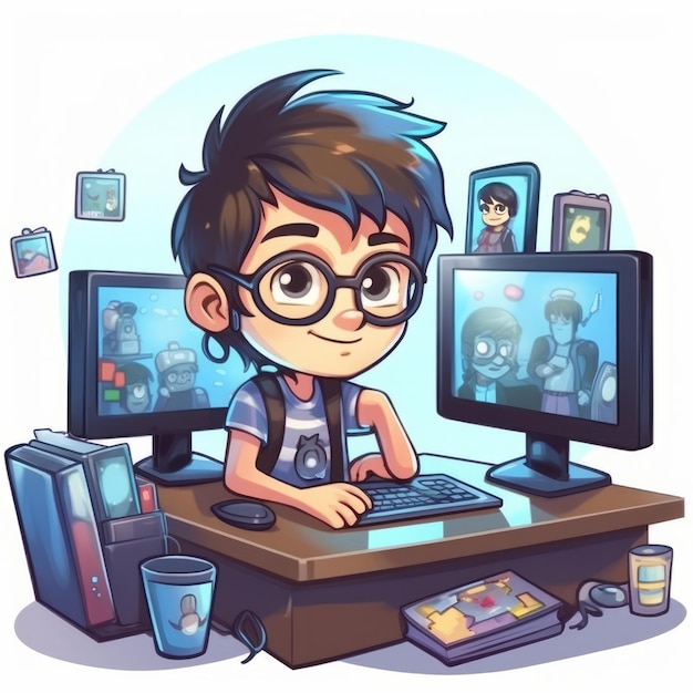 Um cidadão júnior pensando e trabalhando duro em muitos computadores de tela 2d ilustração
