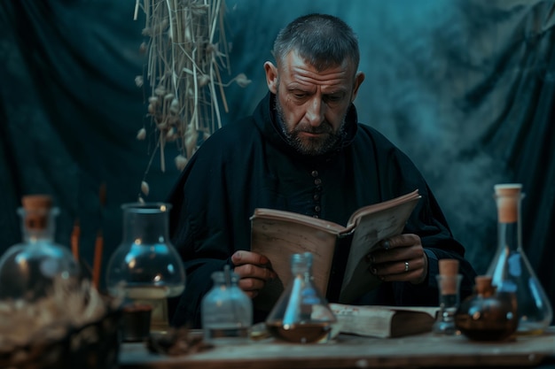 Um cientista alquimista medieval com um livro trabalha em seu laboratório