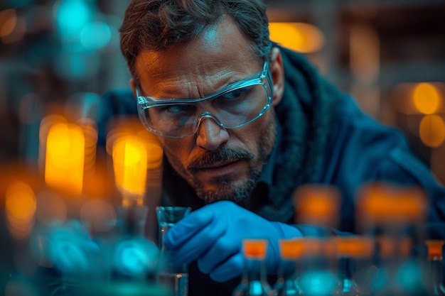 Foto um cientista bonito a escolher tubos no laboratório.