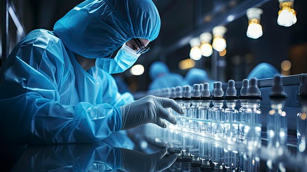 um cientista com jaleco está trabalhando em um laboratório com uma garrafa de vidro transparente.