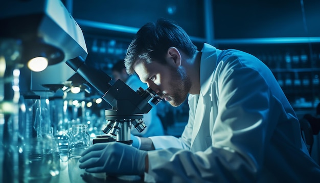 Um cientista com uma bata de laboratório observando cuidadosamente amostras através de um microscópio em um laboratório bem iluminado