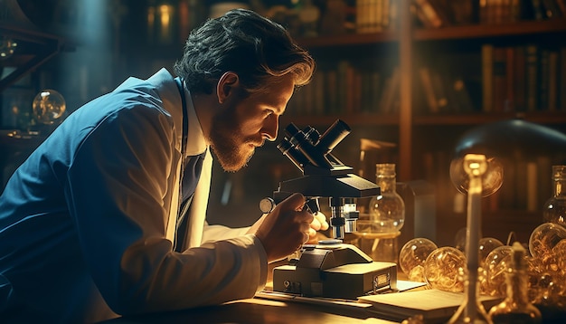 Um cientista com uma bata de laboratório observando cuidadosamente amostras através de um microscópio em um laboratório bem iluminado