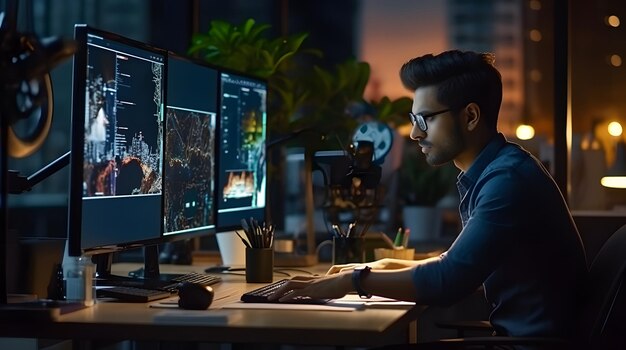 Um cientista de dados trabalhando em um ambiente focado em um computador com várias ferramentas de análise de dados