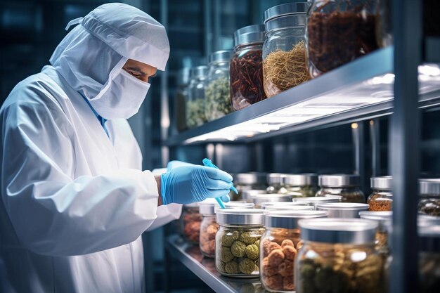 Foto um cientista de uniforme branco está olhando para alguma comida.