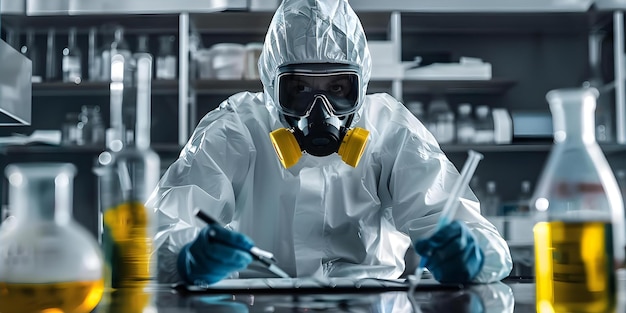 Um cientista em equipamento de proteção conduzindo experiências com materiais perigosos enfatizando a segurança de laboratório e o controle de riscos Conceito Experimentos Científicos Equipamento de Proteção de Segurança de Laboratório