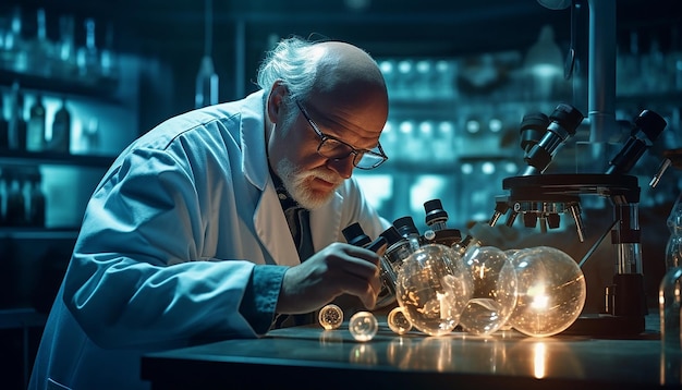 Um cientista em um jaleco observando cuidadosamente os espécimes através de um microscópio em um laboratório bem iluminado