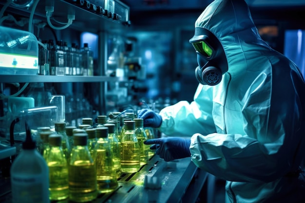 Um cientista em um laboratório químico examina um líquido tóxico
