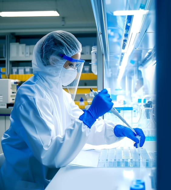 Um cientista em um terno de proteção testa um medicamento faz amostras estudando um novo vírus médico desenvolver