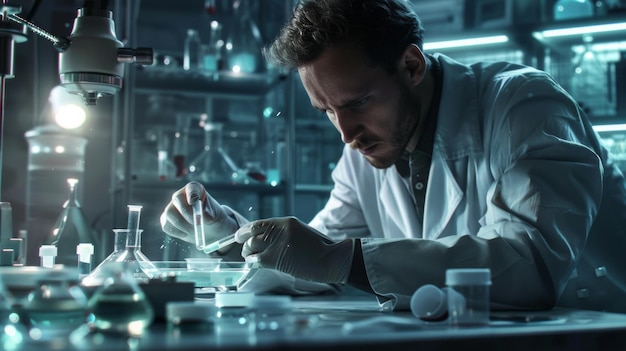 Um cientista em uma bata de laboratório examinando uma placa de Petri cercada pelo ambiente estéril de um laboratório de IA Generative