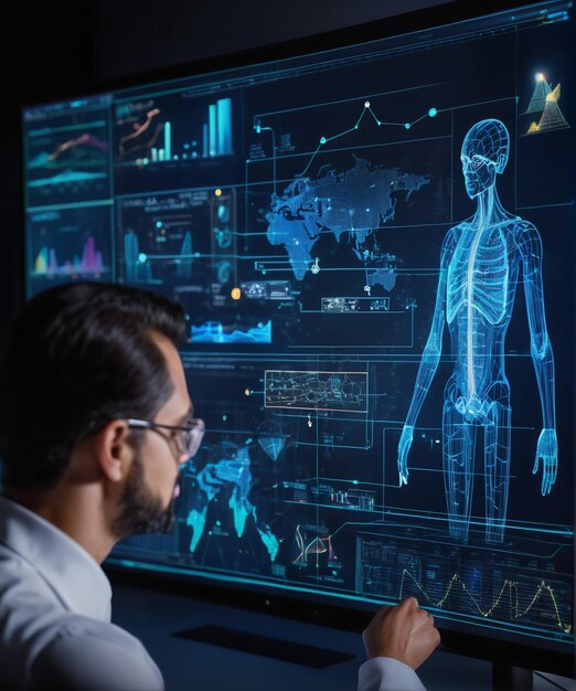 Foto um cientista está olhando para um diagrama holográfico para analisá-lo e visualizá-lo